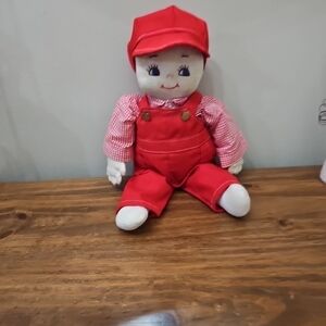 Red Plush Doll with Overalls and Cap - Kids Toy
